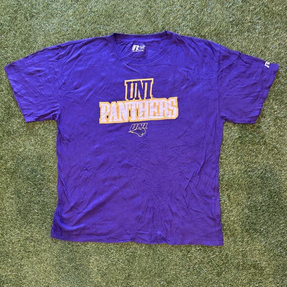 Vintage Y2K UNI Northern Iowa Panthers Purple Graphic Logo Tee Shirt Mens 2XL - Picture 1 of 10